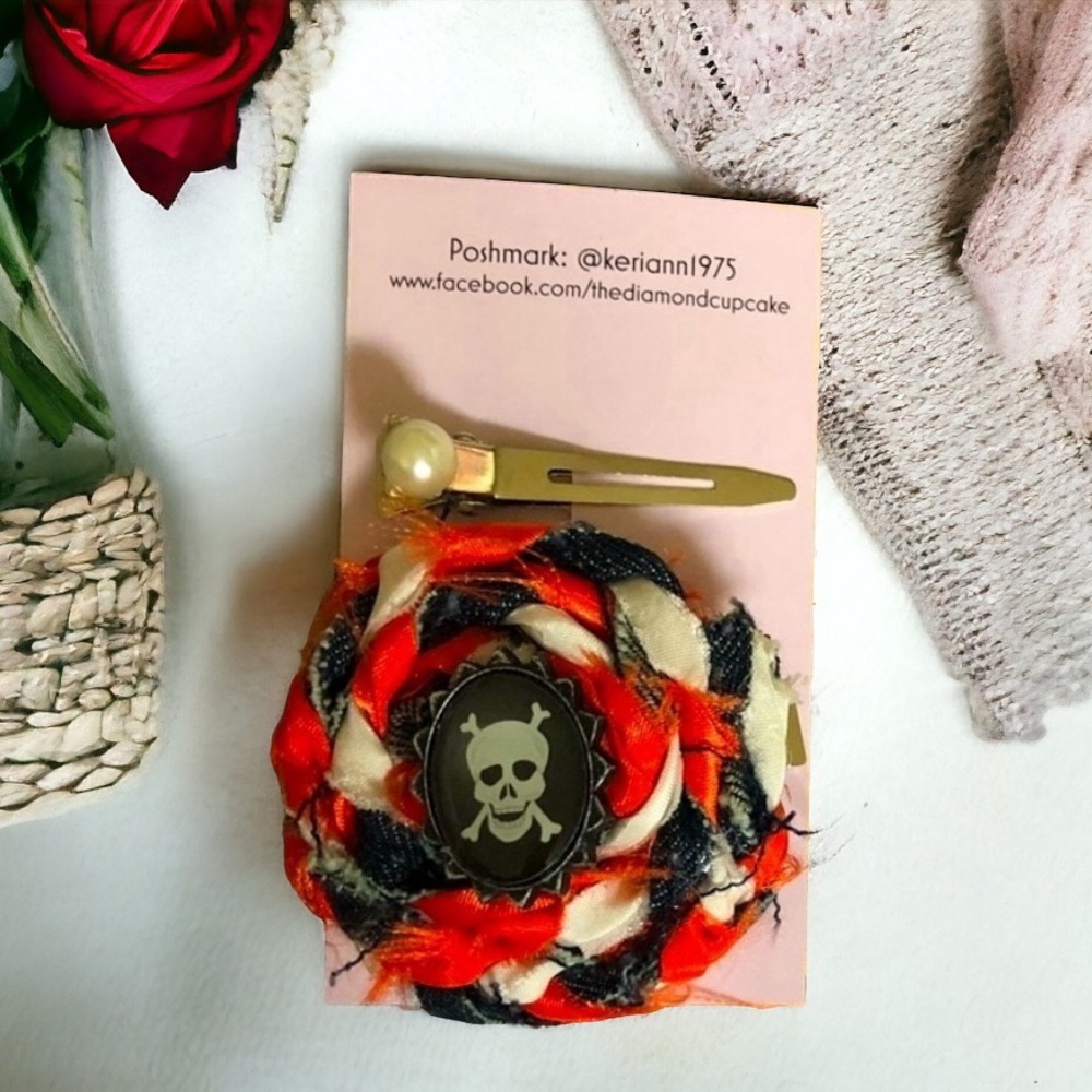 💖 5/$25 | Denim Orange White Skull Halloween Barrettes